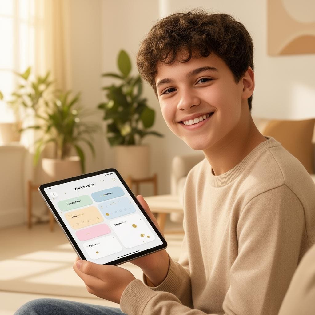Adolescent souriant organisant sa semaine sur Émérite Digital