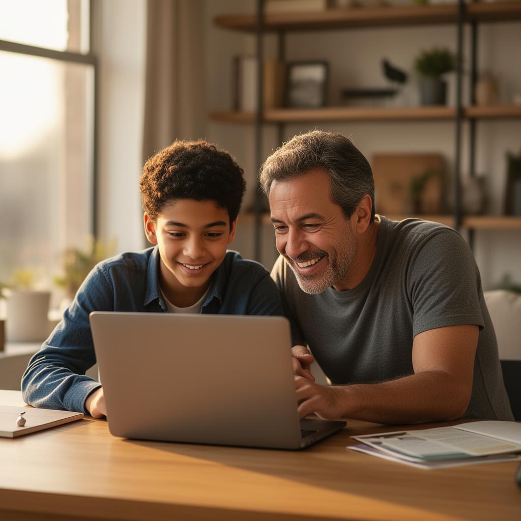 Père et fils devant l'ordinateur