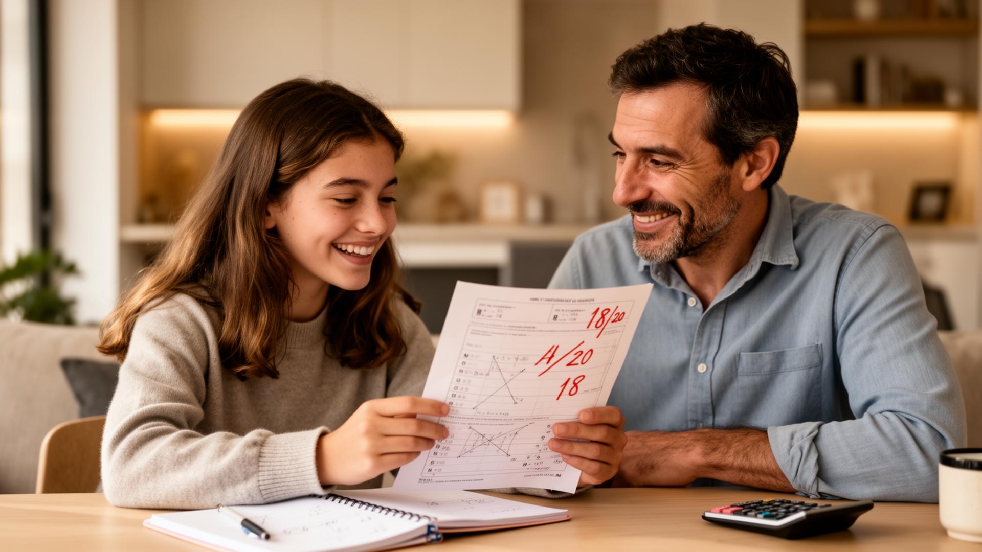 Une lycéenne montre fièrement à son père son contrôle de maths noté 18/20 après son progrès avec Émérite